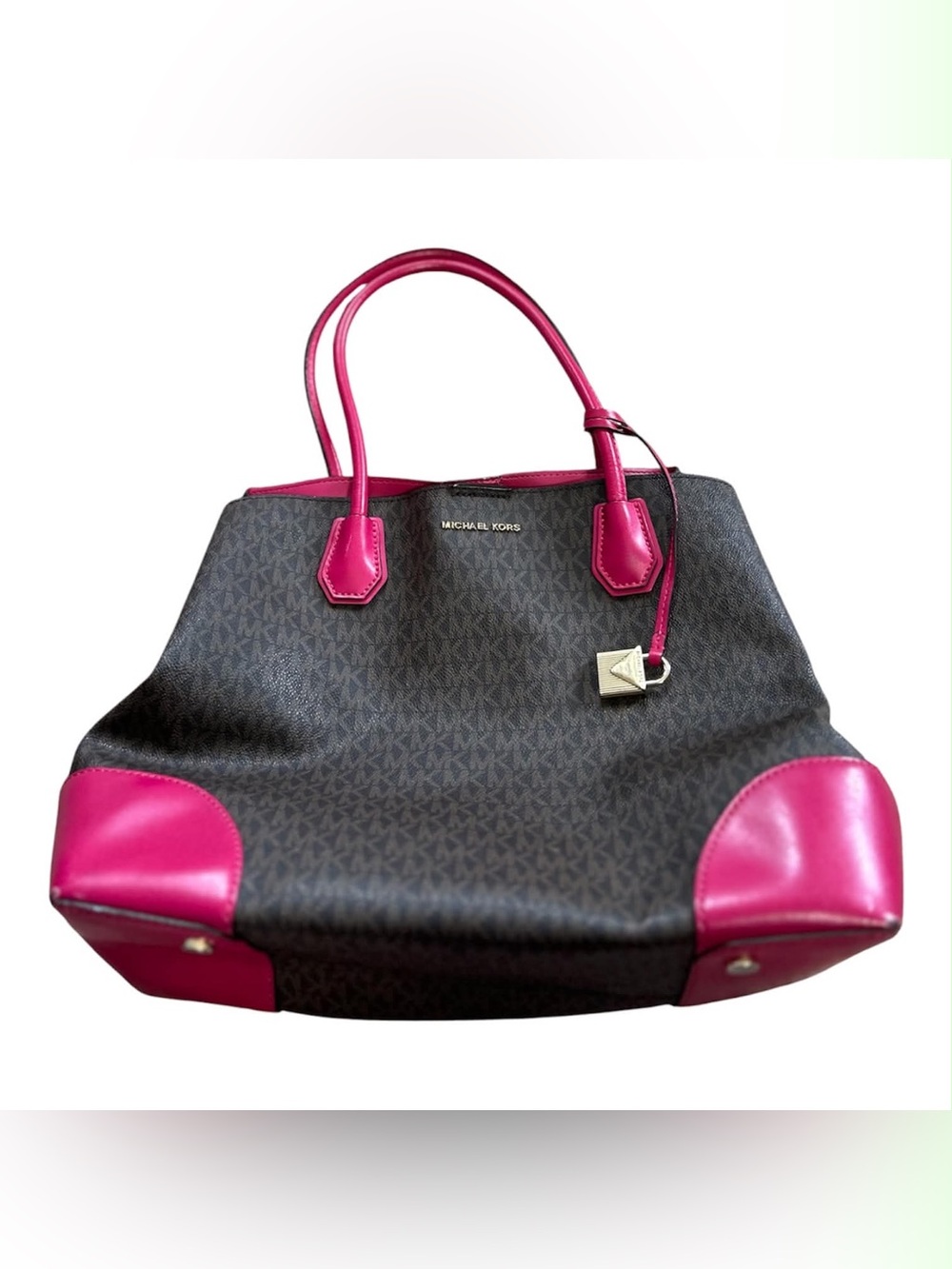 Michael Kors Brown MK Logo Tote with Pink Trim and Handles